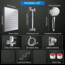 Shower Head Combo,8inch/10 Inch High Pressure Rain Shower Head With 11 Inch Adjustable Extension Arm And 5 Settings Handheld Powerful Shower Spray Against Low Pressure Water - Silver - View 6