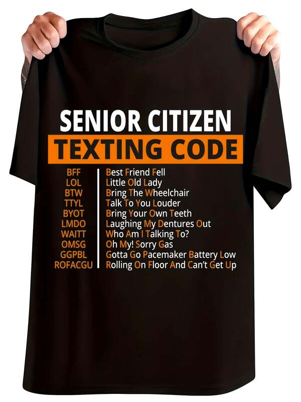 Plus Size USA Made Cotton Classic Tee USA Made High Quality Cotton Classic Fit Senior Citizen Texting Code T-Shirt Breathable Summer Funny Pattern Tee Retro Chill Novelty Print Big Men Size L-3XL 4XL 5X