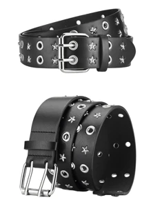 2pcs Gothic Style Rivet Double Buckle Belt, Black Punk Accessories - Ideal Birthday Gift