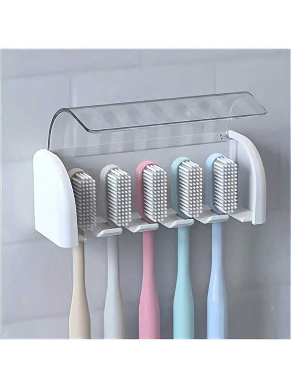 1pc 5 Slot Toothbrush Holder With Lid, Self-Adhesive Wall Toothbrush Storage Rack, Plastic Bathroom Amenities, Suitable For Dorm And Shower Room, Can Hold 5 Toothbrushes, No Electricity Required, Perfect Bathroom Accessories