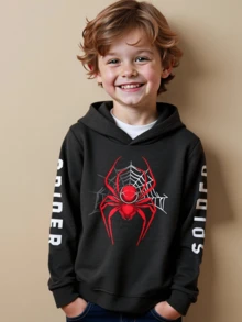 Toddler Boys' Cool Street Fashion Casual Outdoor Gift Cute Comfortable Spider Web & Letter Print Solid Color Hooded Long Sleeve Sweatshirt, Autumn