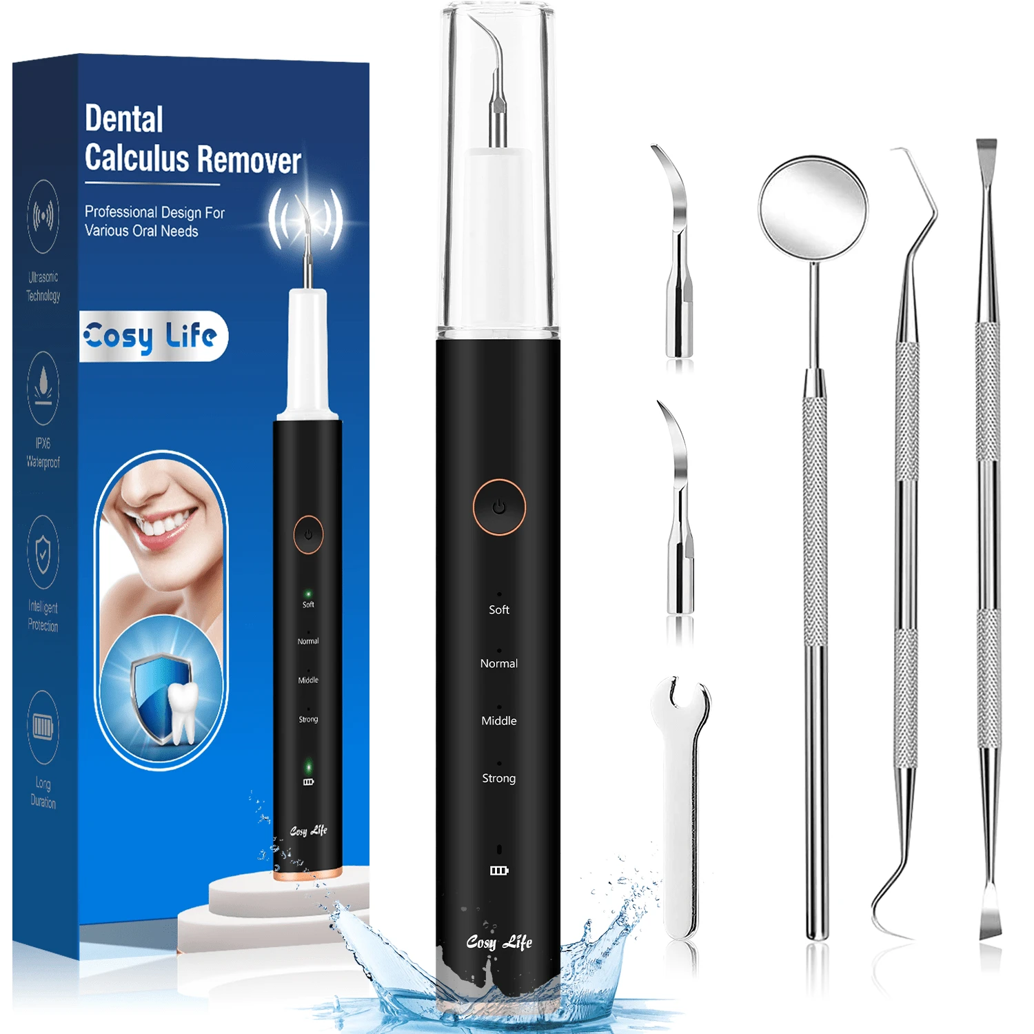 Plaque Remover For Teeth - Ultrasonic Tartar Remover Cleaning Kit For Teeth, Safe For Sensitive Gums Dental, Calculus Remover Teeth Cleaning Kit 4 Adjustable Cleaning With Replaceable Heads, IPX6 Waterproof With LED Light - Black - View 1