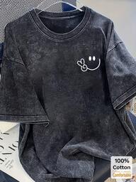 Oversized Vintage Black Tee With Smile Face Print, Loose Fit And Stylish Design Casual Summer