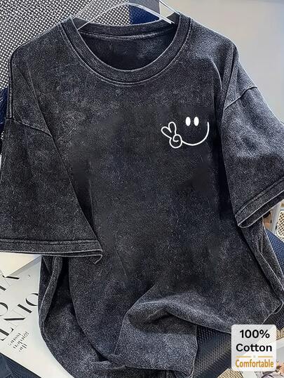 Oversized Vintage Black Tee With Smile Face Print, Loose Fit And Stylish Design Casual Summer