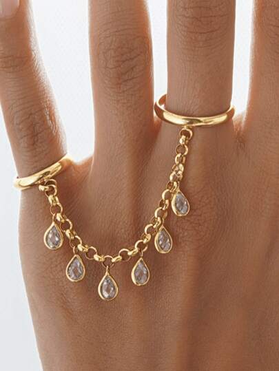 1pc Fashion Copper Zirconia Studded Full Finger Ring With Tassel Chain, Women Jewelry For Wedding Party, Wedding Season Gift