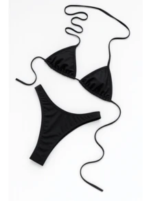 Sexy Neon Green Tie-Up Beach Bikini Set - Black - View 3