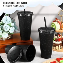 5 Pack 24 Oz Plastic Tumblers With Lids And Straw, Reusable Discolor Cups,Glitter Plastic Cups For Cold Drink Iced Coffee, Adults And Children Parties Birthday Slumber Party Supplies - Đen 5 GÓI - Xem 7