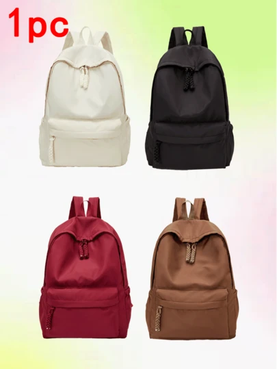 1pc, Versatile Fashion Niche Design Classic Casual Hand-Held Backpack, Solid Color Nylon Fabric Double Pull Head Adjustable Shoulder Strap Large Capacity Laptop Bag Backpack, Suitable For Women's Daily Commuting And Going Out Shopping And Playing Occasions
