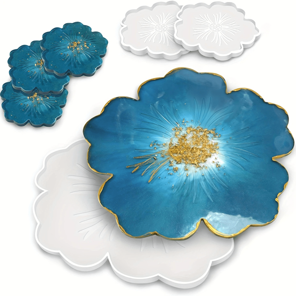 1 Pc Resin Tray Mold And Coaster Molds Large/ Small For Resin Casting, Flower Shape Epoxy Resin Casting Molds For DIY, Home Decoration