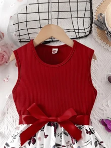 Rochie de decor cu fundă fără mâneci cu fluturi și florale pentru fete, modă elegantă, potrivită pentru îmbrăcăminte în aer liber primăvara/toamna, poate fi oferită ca cadou - roșu - Vizualizare 4