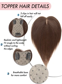 Tópicos para cabelo para mulheres, cabelo humano real, sem franja, 360° 3D cabelo humano para cabelo ralo, cabelo grisalho, perda de cabelo, adiciona volume ao cabelo, base com 3 clipes, tópicos para mulheres (castanho escuro 8-14 polegadas)