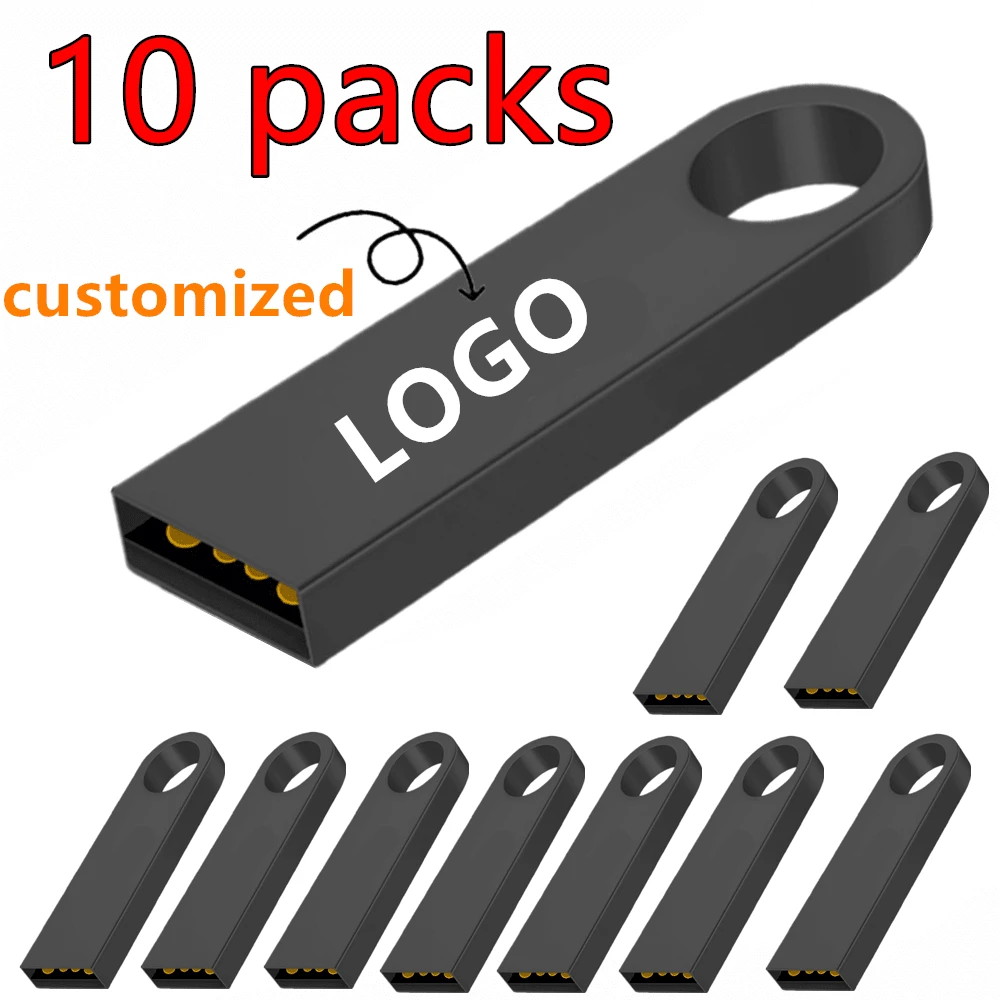 10 st. USB-minnen i metall med egen logotyp, 64 GB svart, bärbart och höghastighetsminne, 64 GB vattentätt, svart USB- med laserutskrift