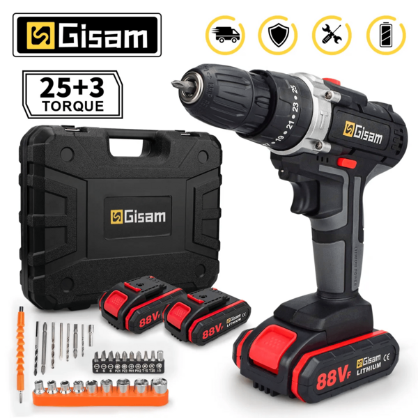 Gisam Taladro de impacto inalámbrico de 21 V, destornillador eléctrico, taladro percutor eléctrico, minitaladro manual inalámbrico, herramientas eléctricas con batería de iones de litio.