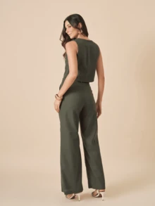 Linen Set With High Collar Vest And Pants With Lined Button Details - 墨綠色 - 查看 3