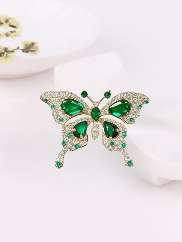 1pc Women's Elegant Vintage Green Butterfly Brooch - Fashion Luxury Alloy With Cubic Zirconia And Rhinestone, Suitable For Party And Gift Giving