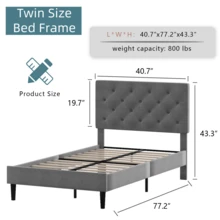 Twin/ Full/ Queen/ King Bed Frame, Upholstered Platform Bed Frame With Headboard, Solid Wood Slats, No Box Spring Needed, Noise-Free, Easy Assembly, White/ Grey/ Dark Grey/ Pink/ Blue - Xám - Xem 6