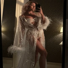 Women Summer Sheer Nightgown Long Sleeve Plush Cuff  See Through Sequins Nightdress