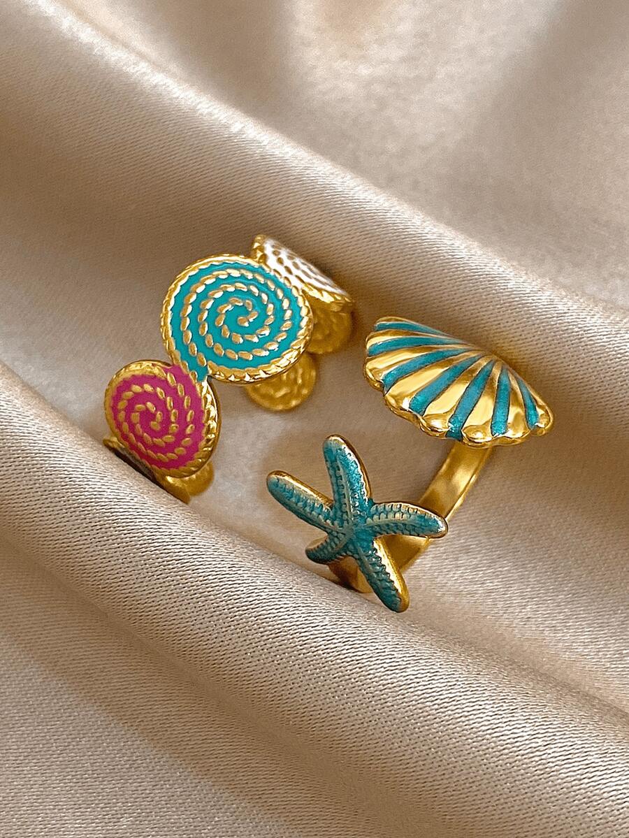 18K镀金不锈钢海洋主题可调节戒指套装，海星和贝壳设计，适合女性佩戴，可作为母亲节礼物、教师节礼物、夏季海滩配饰、派对/正式场合/日常佩戴、返校礼物、生日礼物、伴娘礼物、美人鱼主题 - 彩色 - 查看 1