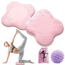 4PCS Pink Yoga Knee Pad Set – 2PCS Thick Non-Slip Flower Cushions + Massage Ball + Storage Bag For Women Workout & Stretching