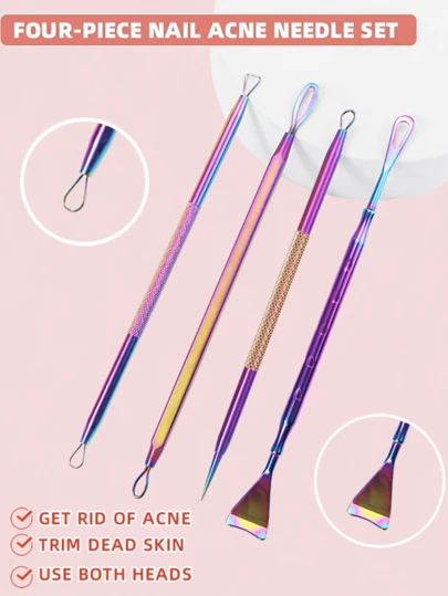 4 件套不锈钢祛痘工具套装，黑头和粉刺粉刺提取器套装（带盒），美容化妆工具套装