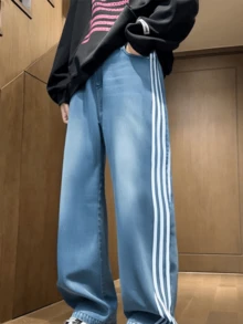 Striped Denim Pants For Men,Loose Fit Y2K Vintage Style Long Trousers,Straight Leg Baggy Retro Design Jeans - 藍色 - 查看 3