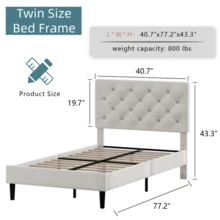 Twin/ Full/ Queen/ King Bed Frame, Upholstered Platform Bed Frame With Headboard, Solid Wood Slats, No Box Spring Needed, Noise-Free, Easy Assembly, White/ Grey/ Dark Grey/ Pink/ Blue - trắng - Xem 6