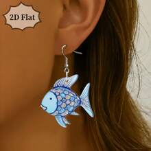Par de pendientes de 2D planos con decoración de pez azul y flor de colores para mujeres, pendientes creativos de peces de colores acrílicos