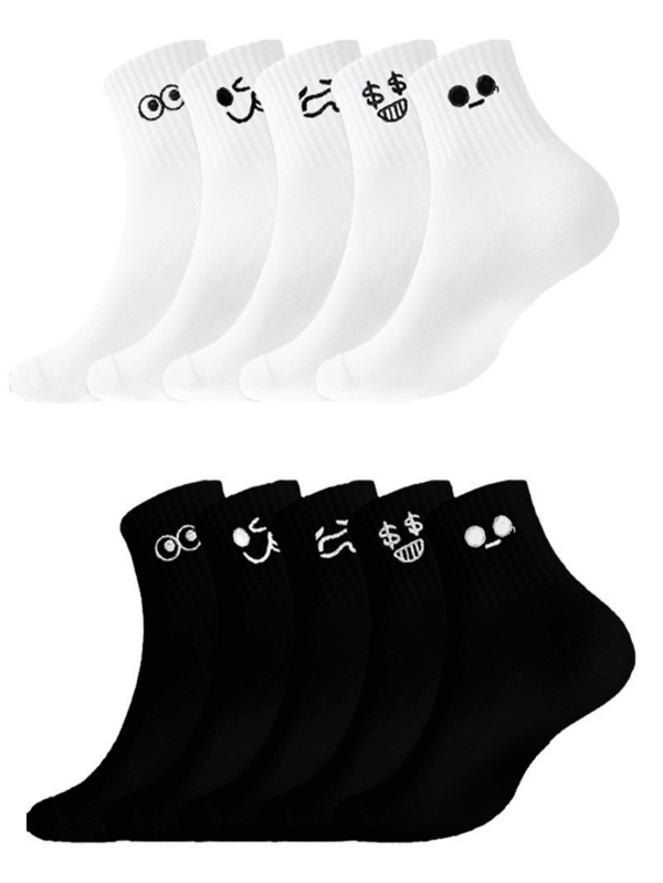 5 pares de meias brancas de cor sólida, confortáveis, estampadas com desenhos animados, casuais, de comprimento médio, para casais