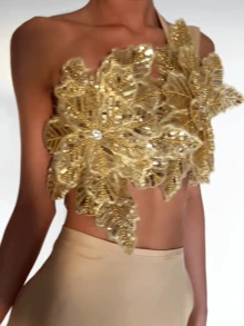 Women's 3D Flower Gorgeous Sequin Decor One Shoulder Sleeveless Bandeau Top Slim Fit Going Out Party Camisole - 金色 - 查看 3