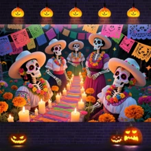 1pc Halloween Party Banner, Made Of Polyester Material, With A Skull Party Background Picture, Suitable For The Atmosphere Decoration Of The Day Of The Dead - Halloween, Indoor And Outdoor Decoration, Festival Decoration, And Background Picture Decoration For Photography - Multicolor - View 5