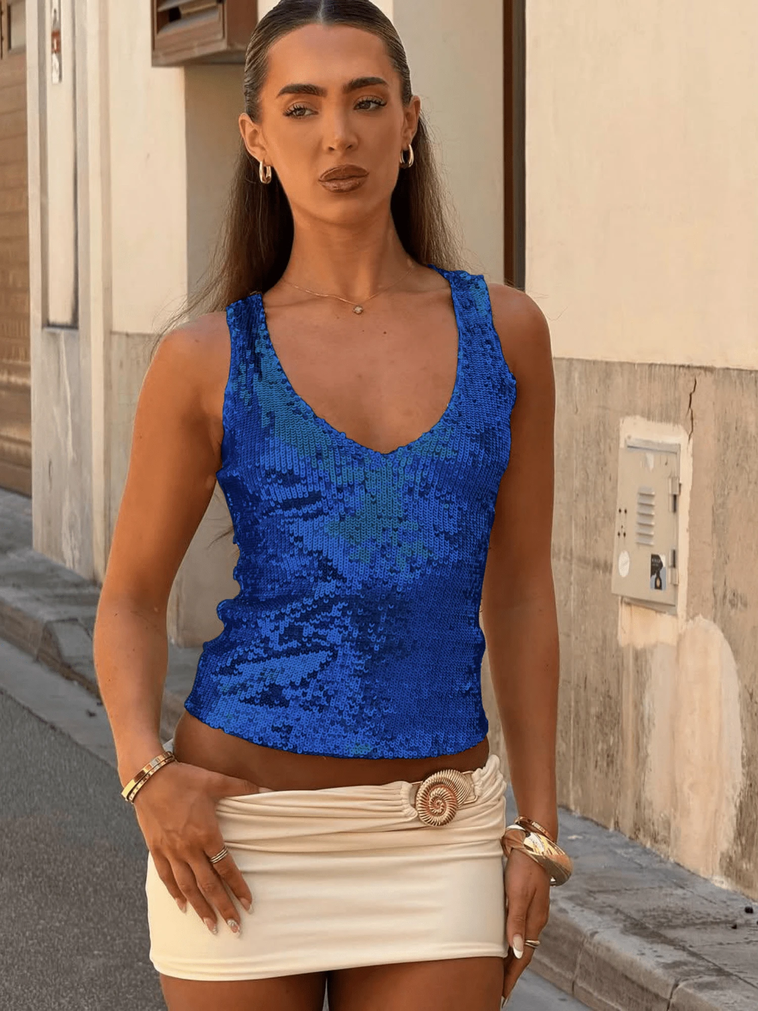 Women Sequinned Tank Top Sleeveless Glitter Scoop Neck Slim Fitting Crop Top Party Clubwear - 寶藍色 - 查看 1