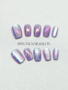 10片装闪亮美甲贴纸 - 短方形，紫色猫眼图案，可爱个性，可重复使用，适合女性和女孩的猫眼美甲贴纸，可爱短款美甲贴纸，美甲用品 - 紫色 - 查看 6