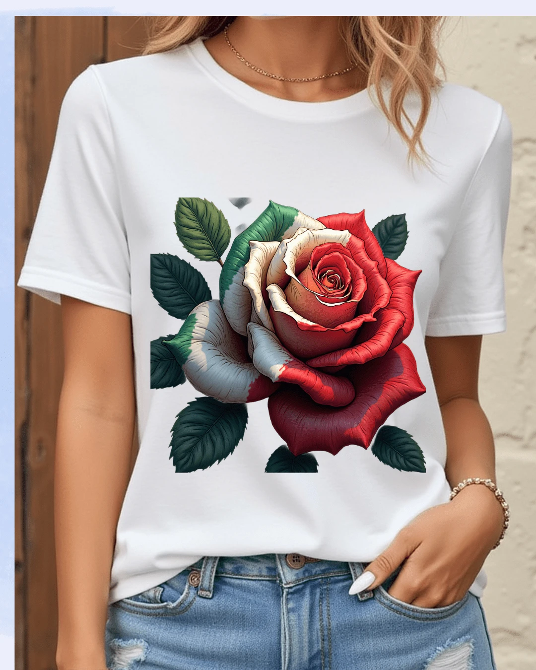 Camiseta casual con estampado , flor patriota rosa mexicana México  , para mujer manga corta cuello redondo, playera de poliéster, blusas gráficas para mujer