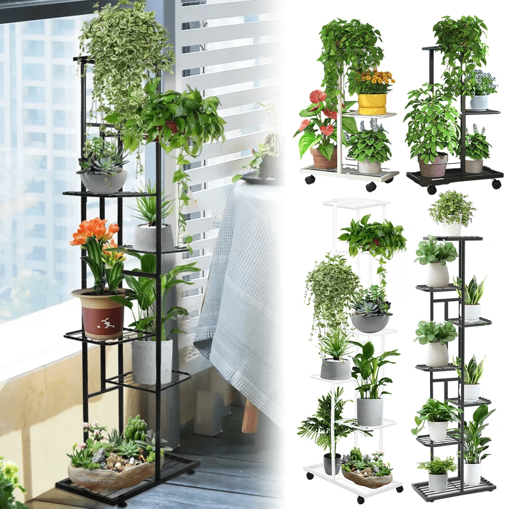 Lislark 3/7 Layers Versatile Indoor/Outdoor Metal Flower Stand With Sliding Wheels - Multi-Tiered Plant Display Rack For Living Room & Balcony