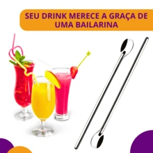 Kit 3 Colheres Bailarinas para Sucos Drinks e Copos Longos Perfeita para Mexer Toda em Aço Inoxidável 30,2cm Barman Colher Cabo Grande - Prata - Visão 7