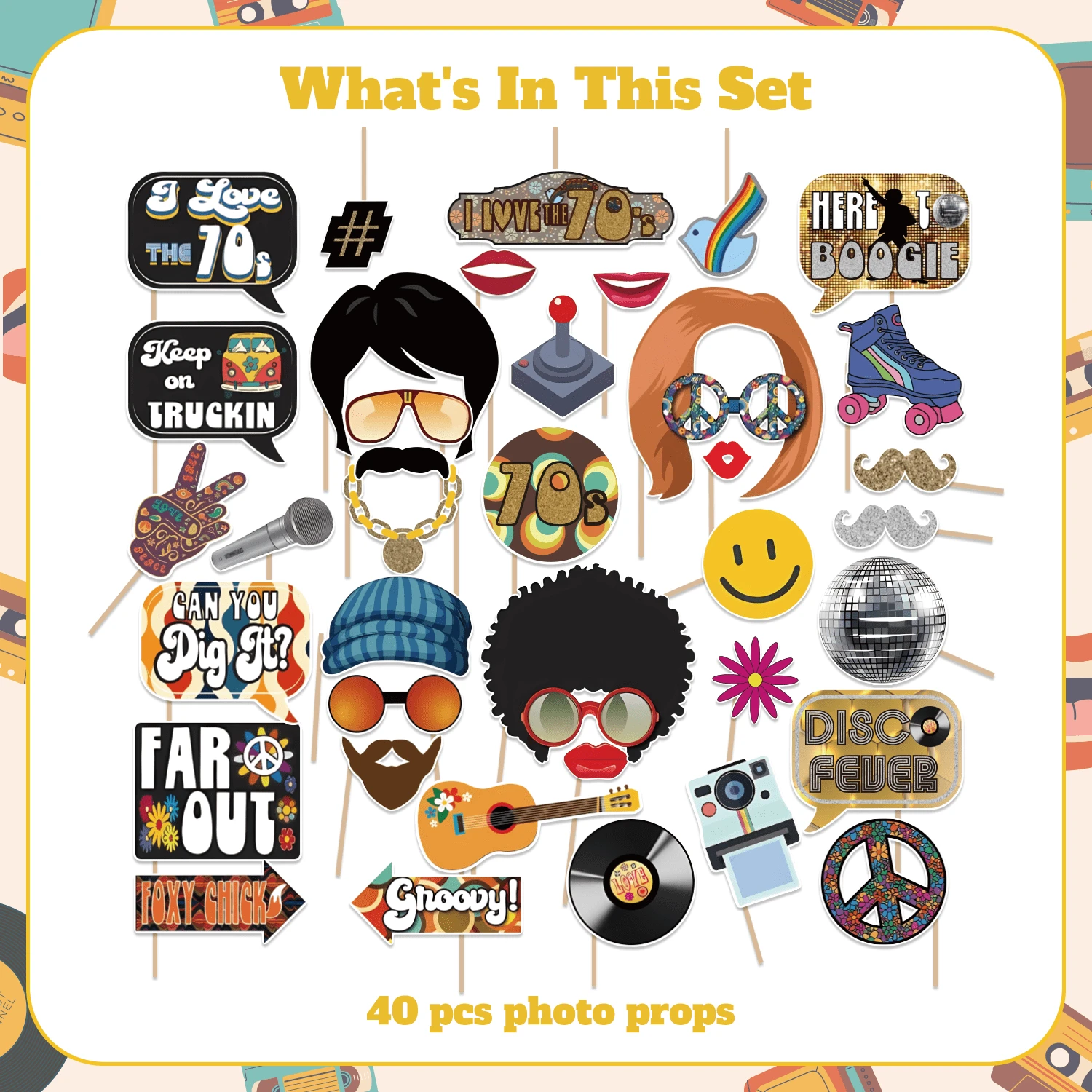 38 piezas Accesorios para fotos de los años 70, decoraciones de fiesta de los años 70 Accesorios para fotos de la temática de la discoteca de los años 70 para decoración de fiestas - Negro - Ver 1