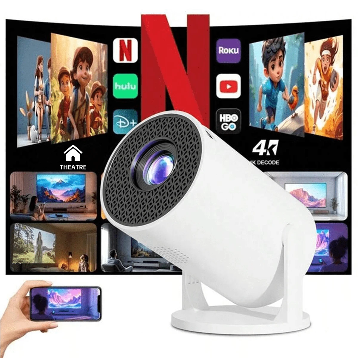 Smart And Convenient Projector, 4K HD Projection,Video Player, Professional Version Projector, Suitable For Travel, Camping, Conference, Home Theater And Office, Projector Screen Mirroring Connect Phones,Small And Lightweight, Easy To Carry, 180° Rotation, Rotatable Bracket, Picture Correction, Picture Quality HD, With Audio. Compatible With TV, Computers, And Tablets - 美規A型插(110-127V) - 查看 1