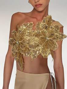 Women's 3D Flower Gorgeous Sequin Decor One Shoulder Sleeveless Bandeau Top Slim Fit Going Out Party Camisole - 金色 - 查看 1