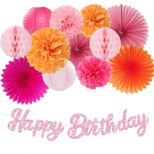 粉色和橙色秋季生日派对装饰，女士专属蜜桃色快乐横幅，酷炫纸彩带灯笼蜂窝装饰，纸花绒球扇，波西米亚风花环房间装饰，周年纪念装饰，70岁生日装饰，18岁生日装饰，万圣节感恩节圣诞节装饰 - 熱粉橘子生日快樂套 - 查看 2