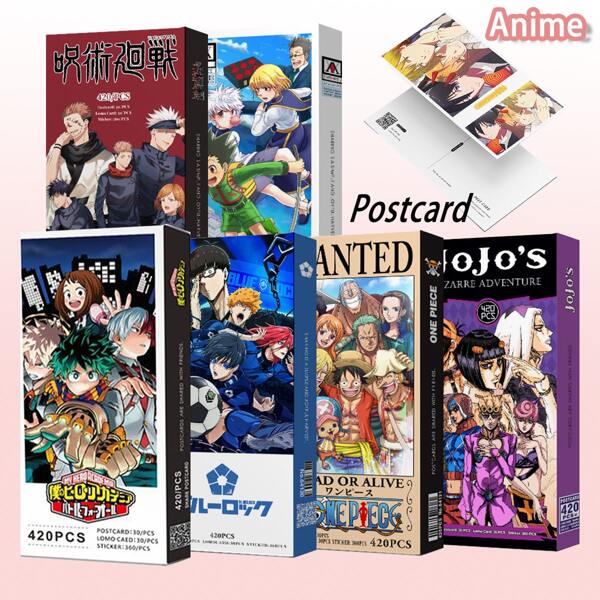 bandai 30pcs Anime Postcard Set + 30pcs Lomo Cards + 360pcs Stickers, Collectible High Definition Postcards, Includes Blue Lock, Hero, Hunter, One Piece, , , Spy X Family