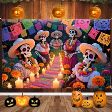 1pc Halloween Party Banner, Made Of Polyester Material, With A Skull Party Background Picture, Suitable For The Atmosphere Decoration Of The Day Of The Dead - Halloween, Indoor And Outdoor Decoration, Festival Decoration, And Background Picture Decoration For Photography - Multicolor - View 3