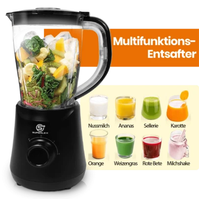 SUPERLEX 4-in-1-Entsafter verfügt über drei Geschwindigkeitsstufen, einen 1,5-Liter-Eiszerkleinerer und eine Zentrifugalpresse mit Edelstahlklingen für eine einfache Reinigung. Er enthält außerdem einen multifunktionalen elektrischen Haushalts-Entsafter mit Saftabscheider, eine tropffreie Entsaftermühle und eine Zitruspresse für schonendes Entsaften. Dank seines rutschfesten, stabilen Standfußes und des schlichten, leicht zu reinigenden Designs eignet er sich ideal für die Zubereitung gesunder Familiengetränke. Er eignet sich für alle Obst- und Gemüsesorten und ist perfekt für den Heimgebrauch oder als aufmerksames Geschenk für Freunde und Familie – frischer Saft nährt Körper und Geist und fördert Ihre Gesundheit!