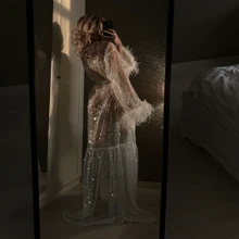 Women Summer Sheer Nightgown Long Sleeve Plush Cuff  See Through Sequins Nightdress