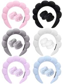 1 Set: 1pc Headband/2pcs Wristbands/3pcs Spa Headbands, Makeup Headbands, Facial Headbands, Skincare Headbands, Pink Velvet Fluffy Sponge Headbands, Bow, Pompom, Spa Headbands, Wristband Hair Accessories - Multicolor - View 1