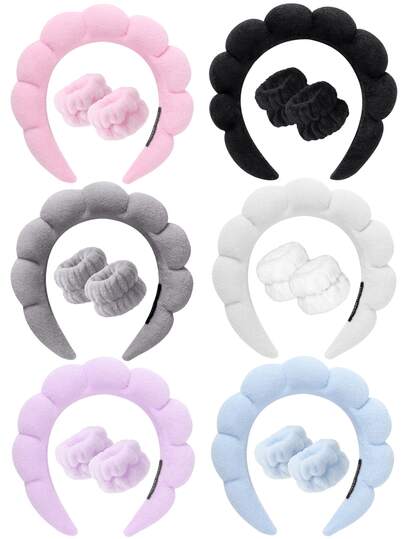 1 Set: 1pc Headband/2pcs Wristbands/3pcs Spa Headbands, Makeup Headbands, Facial Headbands, Skincare Headbands, Pink Velvet Fluffy Sponge Headbands, Bow, Pompom, Spa Headbands, Wristband Hair Accessories