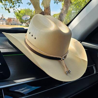 Suporte De Chapéu Country Style  Para Carro Em Couro Trançado Bege