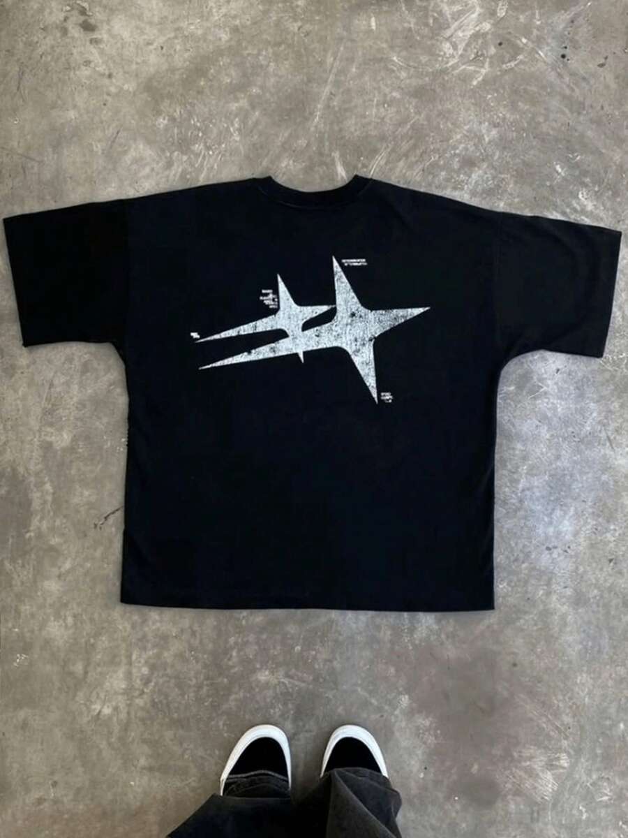 Teen Boy Star Pattern Funny Graphic Tee, Casual Soft Short Sleeve Pure Cotton 220g Pattern Printed T-Shirt - Black - View 1