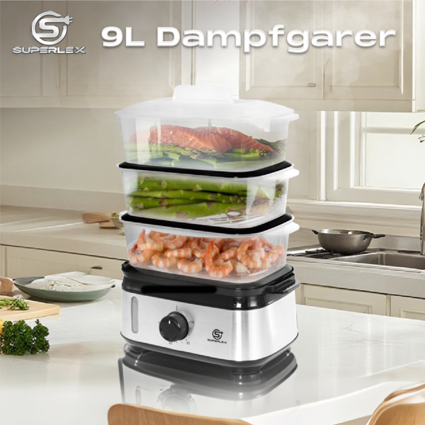 SUPERLEX Elektrischer Dampfer, 9L Dampfer, 3 Stapelbare Kochschüsseln und Deckel, 60-Minuten Timer, Automatische Abschaltung, 950W
