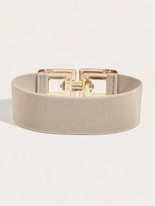 1 件米色弹性腰带，带大扣，优雅复古休闲搭配连衣裙、外套，适合日常、工作、约会、假日旅行秋季、秋季、万圣节 - 杏色 - 查看 3