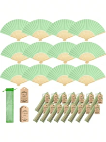 3/15/30pcs/Set, Green Wooden Folding Fan With Gift Bag Thank You Card Set, Thank You Card, Perfect Wedding Gift, Bridesmaid Folding Fan, Wedding Decorations For Weddings, Birthdays, Parties And Events, Women'S Folding Fan